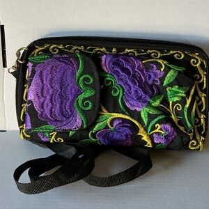 Boho Embroidered Floral Wallet Wristlet Crossbody Purple Black Bag
